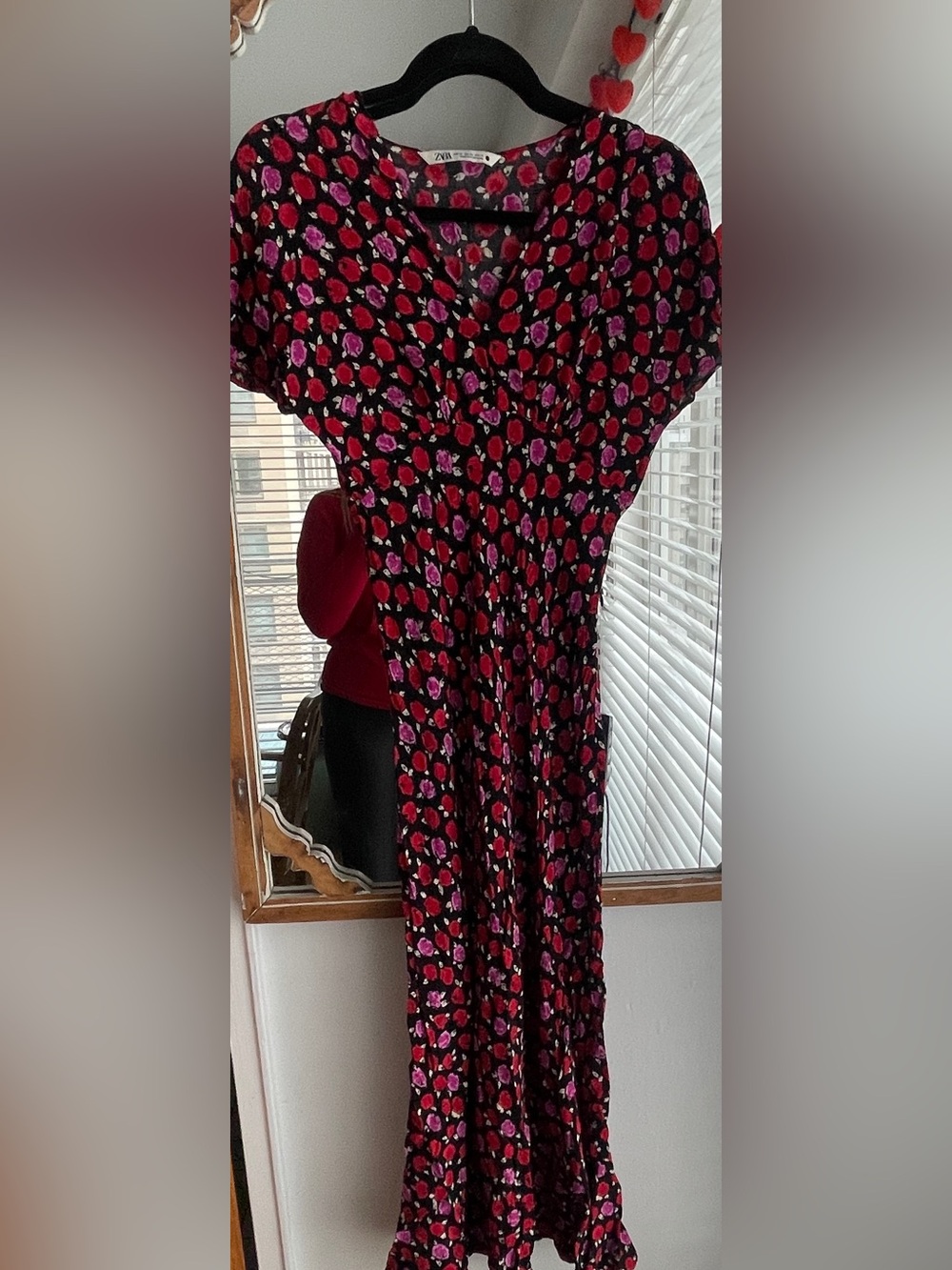 Zara red and black Floral V-Neck Maxi Dress